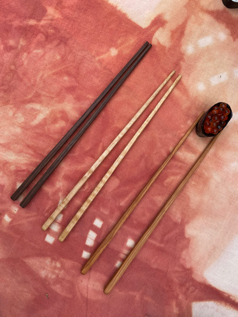 Handmade hardwood chopsticks in cherry curly maple and black walnut austin texas