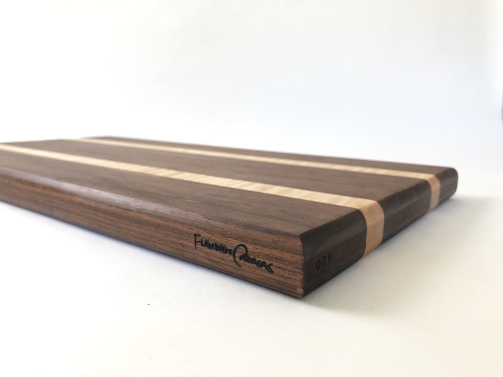 curly maple and black walnut cutting charcuterie board fleming & cazalas